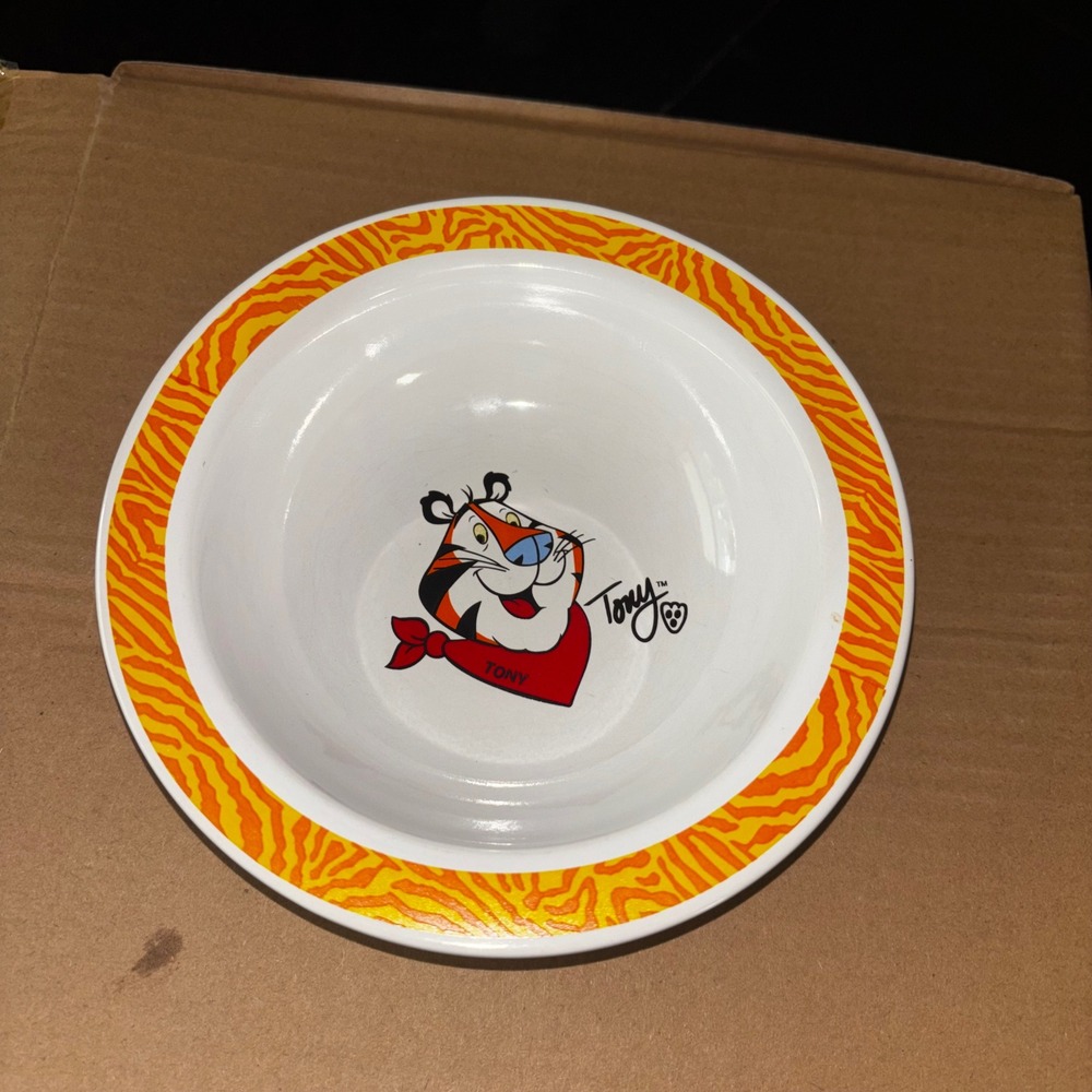 Kellogg's Tony the Tiger Cereal Bowl 2002 Houston Harvest Orange Stripe Rim 6.5"